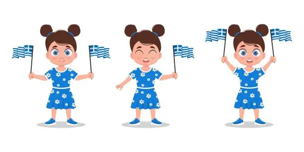 Vector illustration of Set of cute baby with the flag of Greece in his hand.