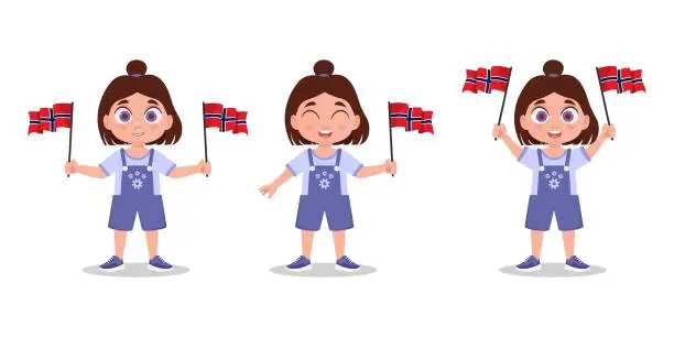 Vector illustration of Set of cute baby with Norway flag in hand.