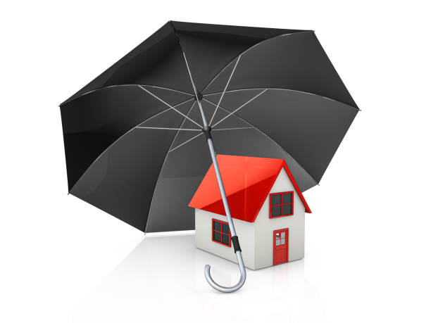istock Home security and protection concept. House under umbrella. 1496983519