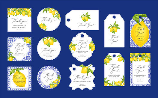 Set of wedding and bridal shower stickers, cards, labels. Blue tiles, lemons and green leaves. Perfect for invitations, cards with gratitude, decoration for presents and drinks. Vector illustration.