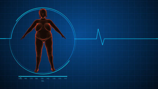 This flat illustration features an overweight woman with copyspace, allowing for customizable text or content insertion. The isolated icon symbolizes the concept of an unhealthy lifestyle and obesity. It highlights the importance of diet, exercise, and healthcare in weight management. With elements of fitness and nourishment, this digitally generated image emphasizes the need to address weight-related conditions and promote overall well-being.