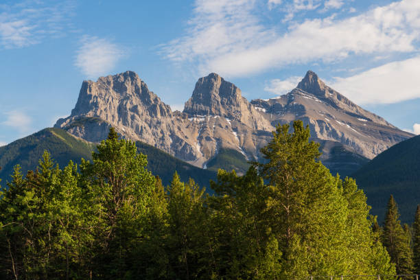 Scenic area in Canmore, Banff National Park area Wilderness area in Canmore with Three Sisters in the background on blue sky day. Stunning area near Banff National Park in popular, tourist, tourism spot for travelling. kananaskis country stock pictures, royalty-free photos & images