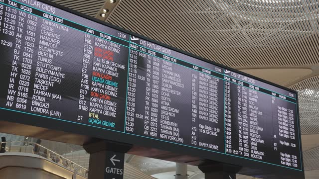 4K footage of international airport flight information board. Camera panning to international departures timetable.