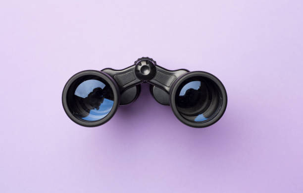 istock Black binoculars on color background. Top view 1496986354