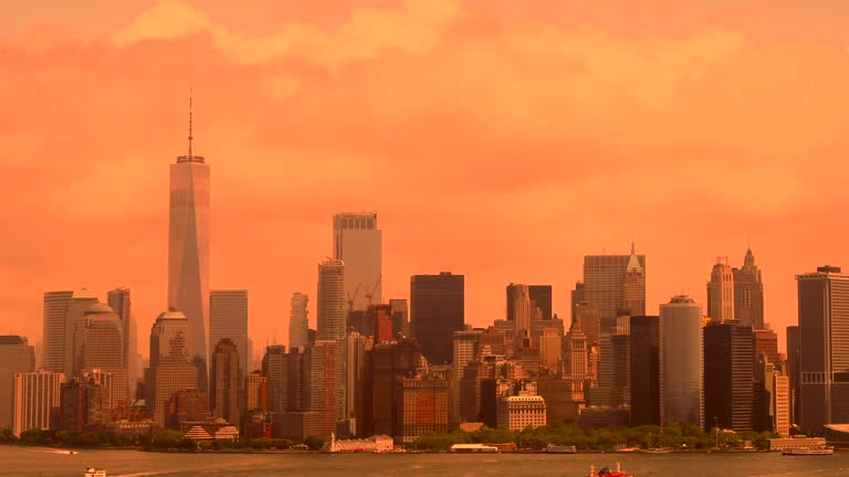 Orange smog in New York 4k aerial video. Fires in Canada 2023