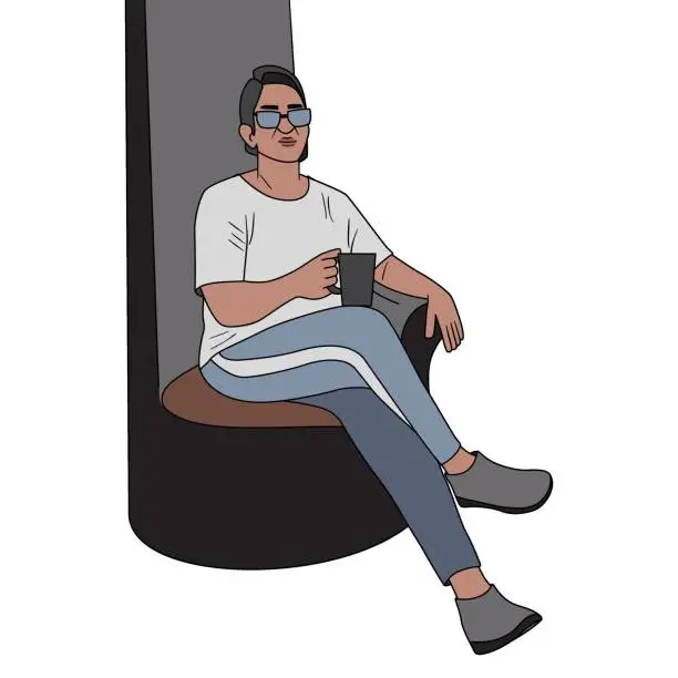 Vector illustration of A Woman Sitting on a Chair and Drinking Coffee.