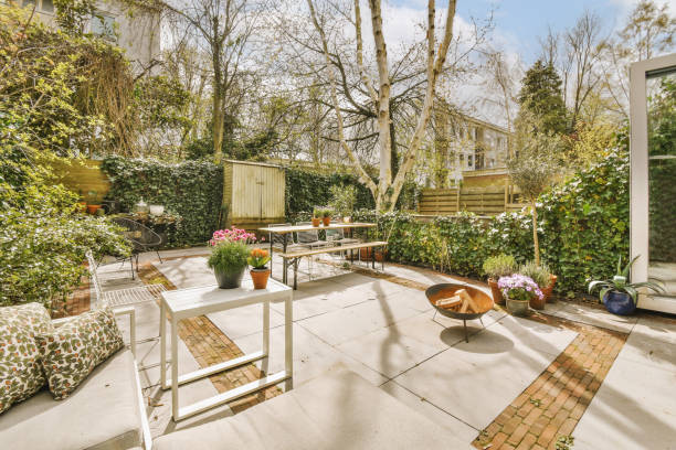 istock the backyard has a patio with a table and chairs 1496989516