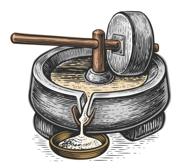 ilustrações, clipart, desenhos animados e ícones de manual de mó velha. equipamento para moagem de grãos. ilustração vetorial - grinding