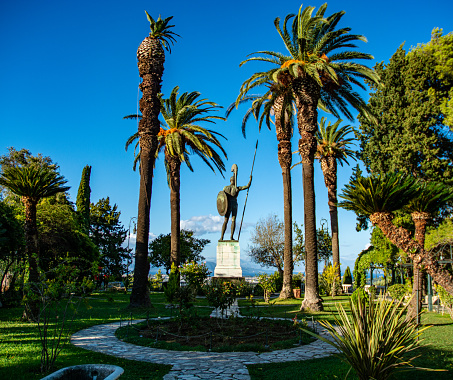 Achilleion Palace in Corfu, Greece. Statues of Achilles