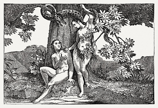 Sin of the first people (Genesis 3, 1 - 8). Wood engraving, published in 1835.
