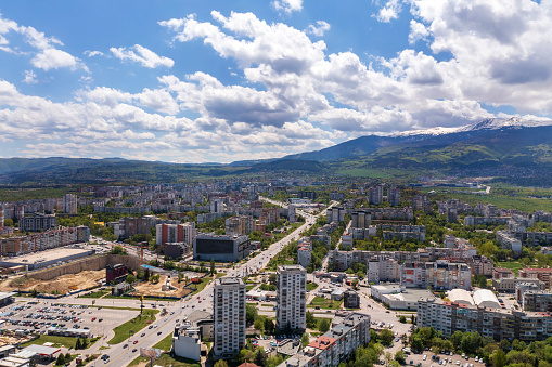 Aerial view from a drone of a city next to the mountain, Sofia Bulgaria