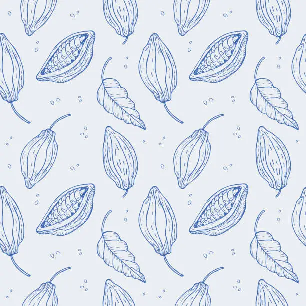 Vector illustration of Cocoa plant seamless pattern. Hand drawn illustration of cocoa beans, leaves, cocoa tree. Design element floral motif repeating background. Ornament for fabric, paper, card, wrapping. Vector