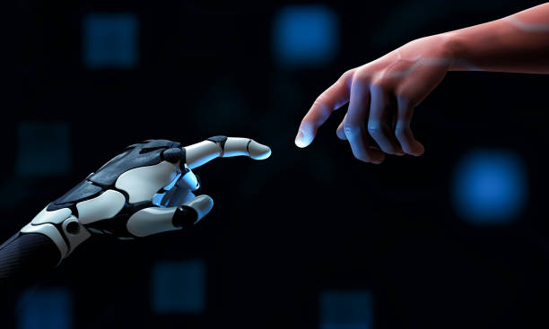 istock Robot hand making contact with human finger on dark blue background. Business communication and Innovation technology concept. 3D illustration rendering 1496996650