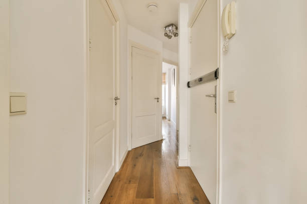 istock a hallway with white walls and white doors and wood 1496997534