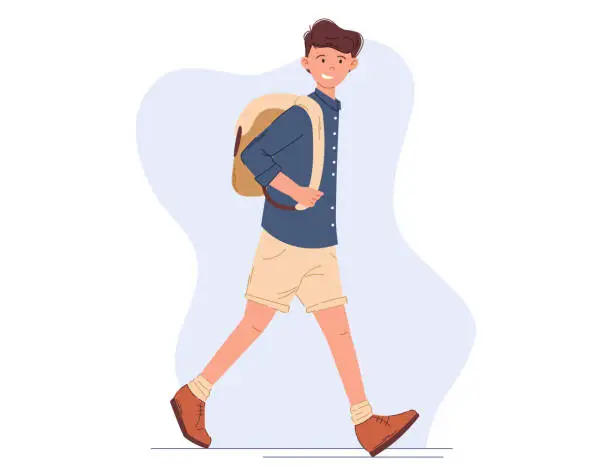 Vector illustration of Young walking cheerful man. Student in shorts with a backpack, flat style vector isolated illustration.