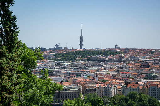 Prague, Czech Republic - View of the old historical city from the Zizkov TV transmitter tower. View from Petrin Park.