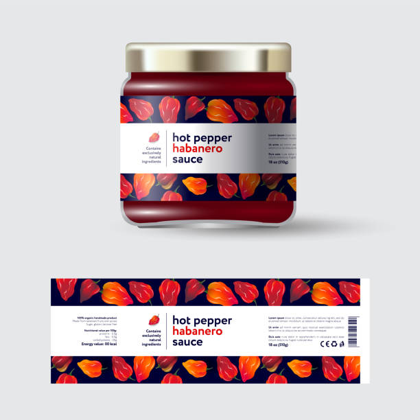 Hot Pepper Sauce label and packaging. Glass jar template with cap and label. Sign of Sauce and background with seamless pattern. Sign  and Packaging of Sauce and yellow background with small habanero peppers chili pepper pattern stock illustrations