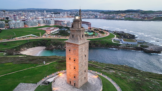 Aerial View Shot of Tower of Hercules (Torre de Hercules) lighthouse located in the city of La Coruna. Galicia, Spain