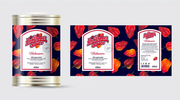 Vector illustration of Pepper Sauce label and packaging. Tin can with label with seamless pattern from small hot habanero peppers.