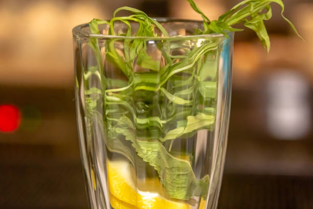 erfrischendes sommer-cocktail-drink limonade mit eis, limette, erdbeeren estragon glas aus nächster nähe - tarragon close up freshness herb stock-fotos und bilder