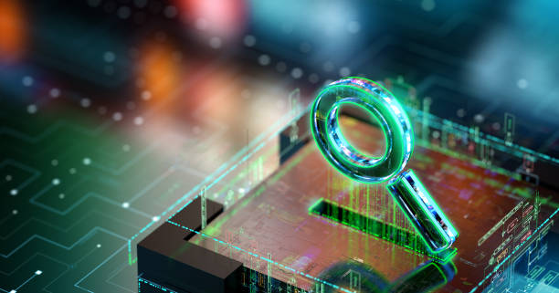 istock Search Engine Concept Background. A Look into the Future of AI search. Digital loupe icon processing search requests. CGI 3D render 1497009333