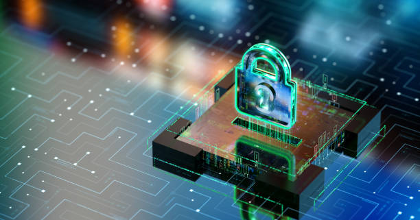 Trends and Innovations of Internet Safety. Security Evolution. Futuristic lock with neon lights over CPU. CGI 3D render