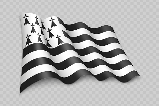 3D Realistic waving Flag of Brittany is a region of France on transparent background