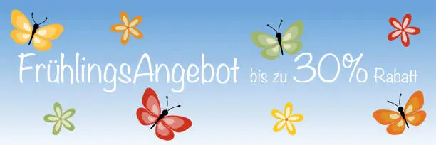 Vector illustration of Frühlingsangebot bis zu 30% Rabatt - text in German - Spring offer up to 30% off. Sales banner with butterflies and blossoms on a light blue background.