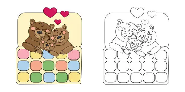 Vector illustration of coloring book sleeping family of braun cartoon bears