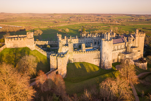 Arundel Castle, Arundel, West Sussex, England, United Kingdom. Bird Eye View. Beautiful Sunset Light