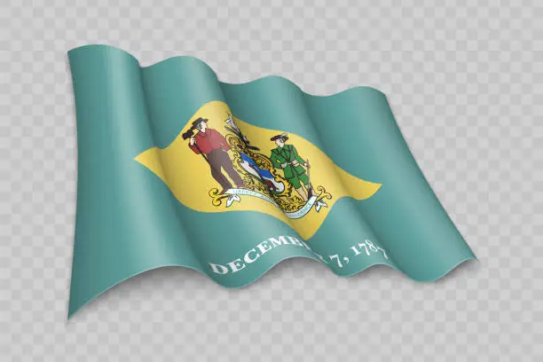 Vector illustration of 3D Realistic waving Flag of Delaware is a state of United States
