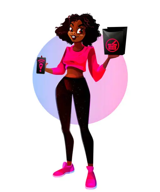 Vector illustration of Seasonal sales concept in cartoon style. Black Friday. A young beautiful African American girl with a mobile phone makes purchases via the Internet. Bright creative holiday poster or banner.