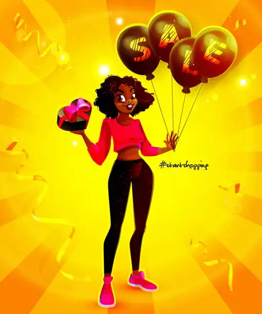 Vector illustration of Seasonal sales concept in cartoon style. Black Friday. Young beautiful african american girl with balloons is shopping. Bright creative holiday poster or banner.