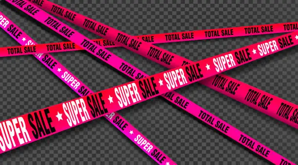 Vector illustration of The concept of seasonal sales in a modern style. Black Friday. Lots of barrier pink discount tapes on isolated background. Stylish template for app and online store.