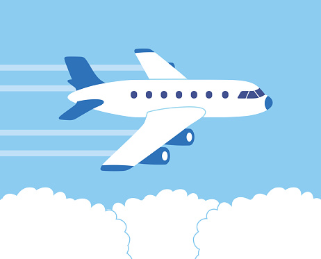 Passenger airplane flying above clouds vector illustration