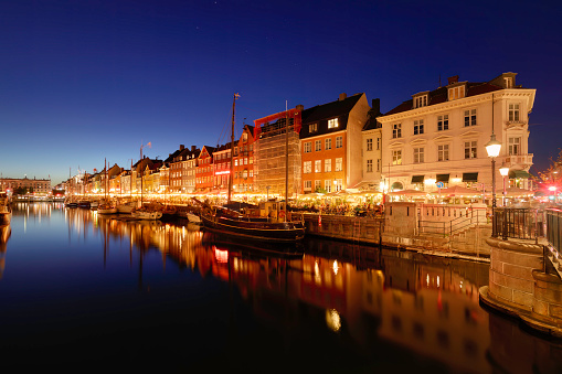 Copenhagen city scene with typical water canals and bridges in the evening
