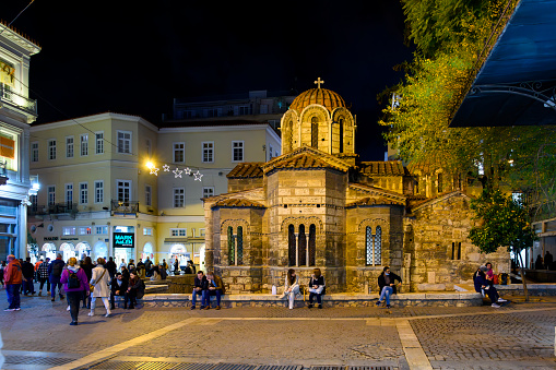 Night view of the Church of Panagia Kapnikarea, the oldest church in Athens, located in the shopping district on Ermou Street. The Church of Panagia Kapnikarea or just Kapnikarea (Greek: Καπνικαρέα) is a Greek Orthodox church and one of the oldest churches in Athens.