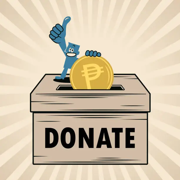 Vector illustration of A smiling blue man putting money into a big donation box and giving a thumbs up