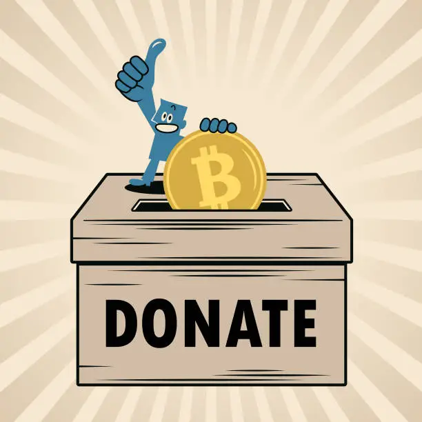 Vector illustration of A smiling blue man putting cryptocurrency money into a big donation box and giving a thumbs up