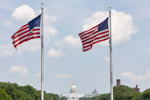 US Capitol building viewed between two american flags
