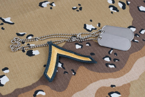 istock US ARMY Private rank patch and dog tags on desert camouflage uniform 1497042768