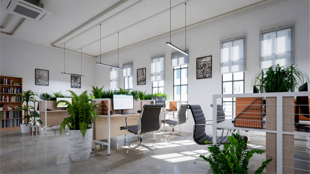 istock Modern office interior with exposed concrete floors and white walls, 3d rendering 1497042973