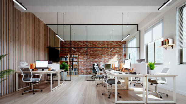istock Small office interior with white and red brick walls, 3d rendering 1497042975