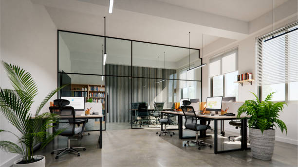 istock Modern small office interior with white walls and concrete floors, 3d rendering 1497042978