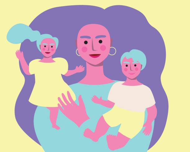 istock Modern natural mom and son and daughter hugging, flat vector stock illustration 1497044149