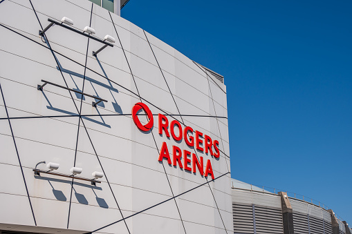 Vancouver, British Columbia - May 26, 2023: Exterior signage on Rogers Arena, home of the Vancouver Canuks.