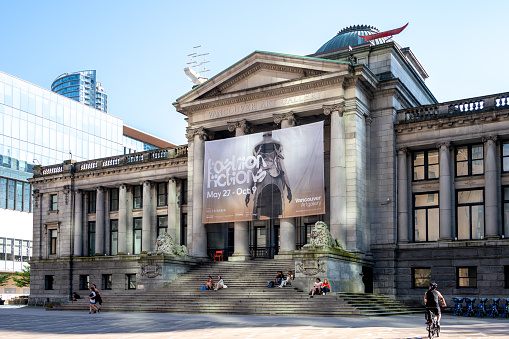 Vancouver, British Columbia - May 26, 2023: Exterior edifice of the landmark Vancouver Art Gallery.