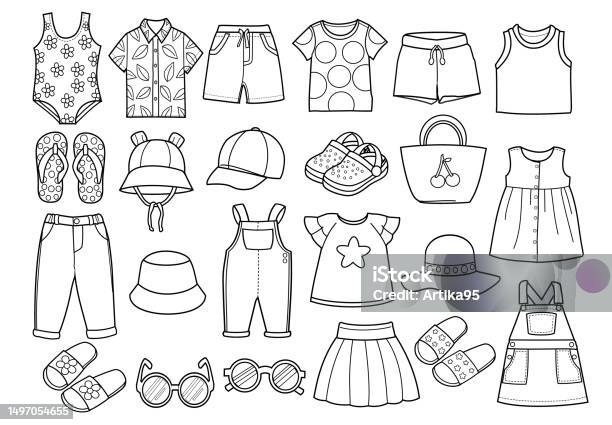 Set Of Kids Summer Clothes Outlines Stock Illustration - Download Image ...