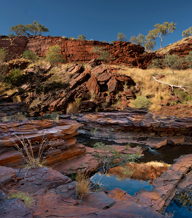 Weano Gorge, in Western Australia’s Karijini National Park, is a colorful red rock ravine dotted with reflecting pools of differing depths and a variety of native vegetation.