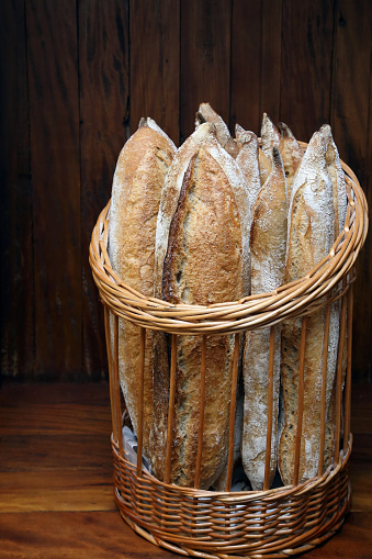 fresh baguettes in wicker basket at bakery